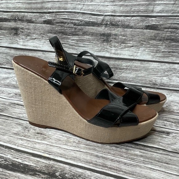 J. Crew Womens Patent Leather Canvas Wedge Sandals 7 Beige Black Made in Italy - Picture 1 of 13
